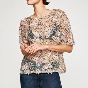 Nude, mesh shirt with embroidery